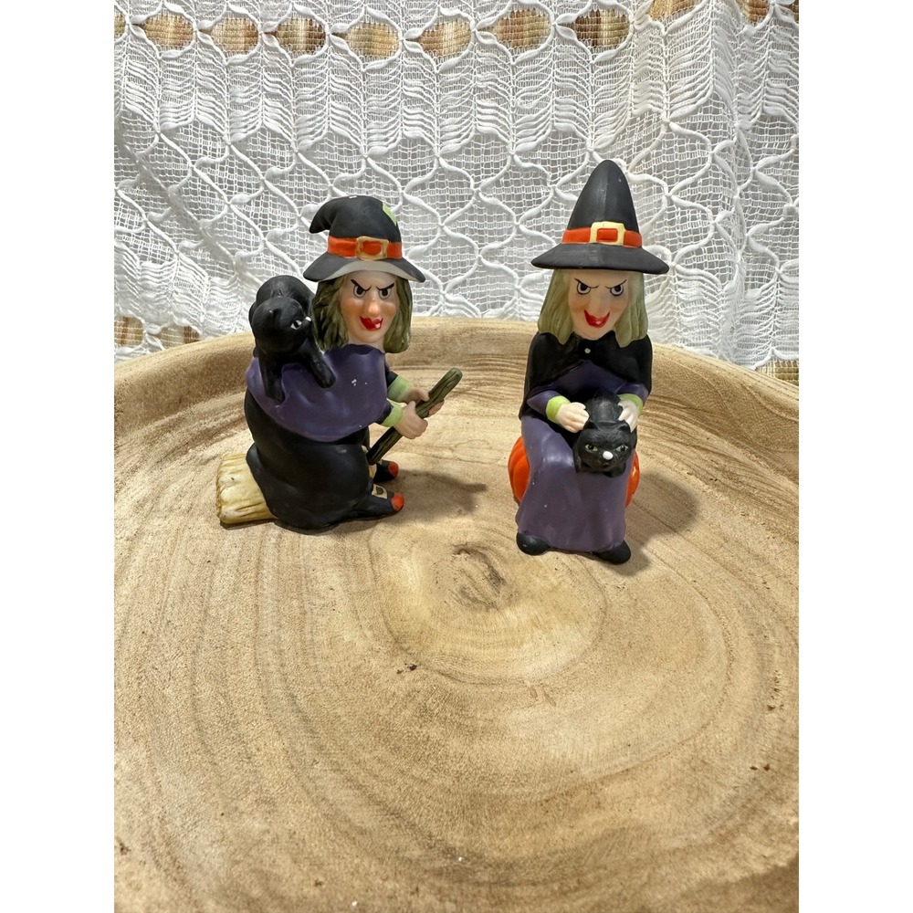 Russ Witch Figurines Halloween Black Cat Broom Pumpkin Set of‎ 2 Ceramic